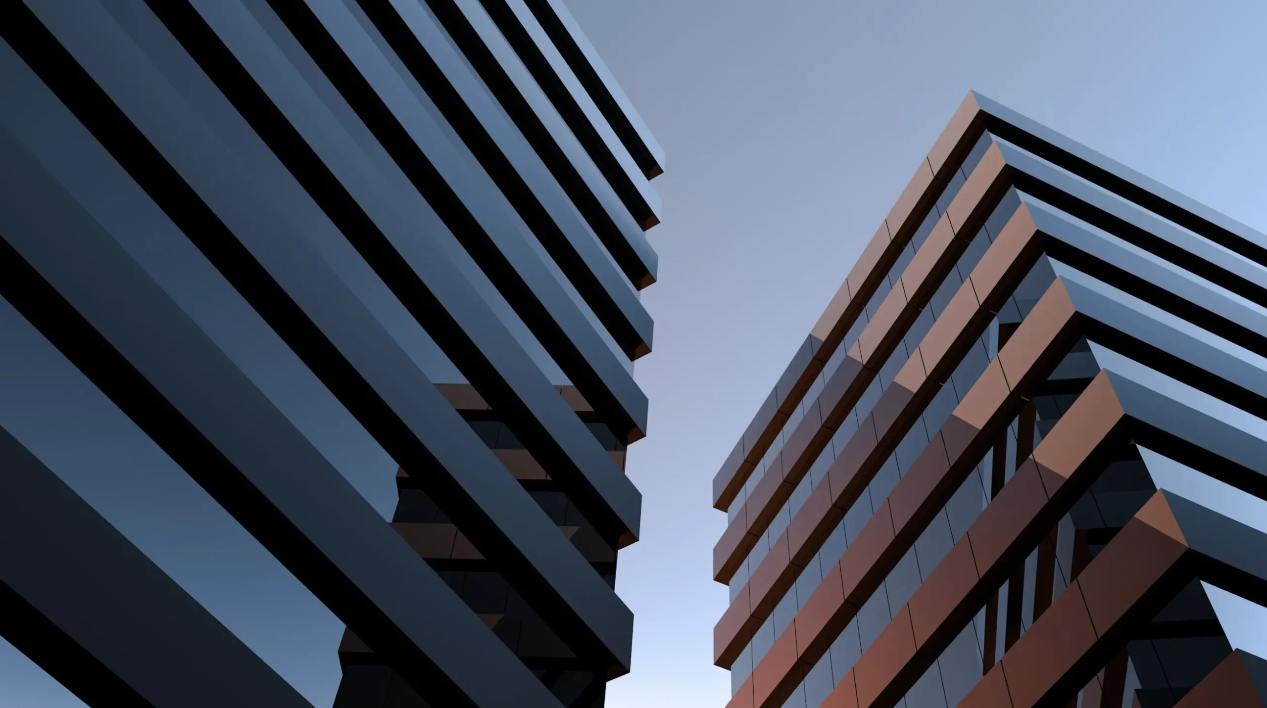 Upward view of two modern buildings with horizontal architectural lines and glass facades, set against a clear blue sky.