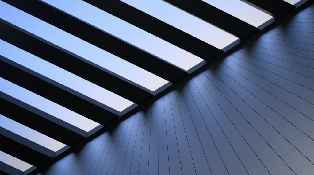 Futuristic architectural ceiling with alternating beams and ambient blue lighting, showcasing minimalist modern design.